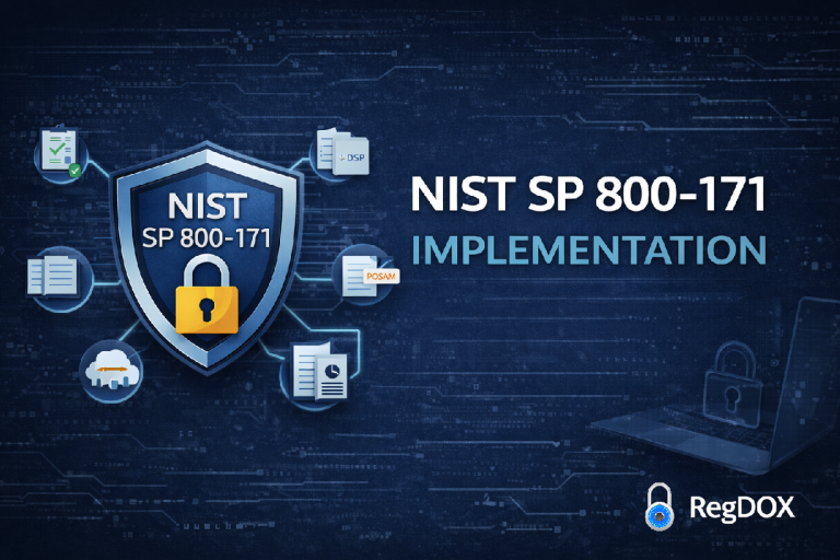 NIST SP 800-171 implementation graphic featuring a central shield labeled NIST SP 800-171 with a padlock, surrounded by security and documentation icons, highlighting SSP, POA&M, and compliance controls in a secure digital environment.