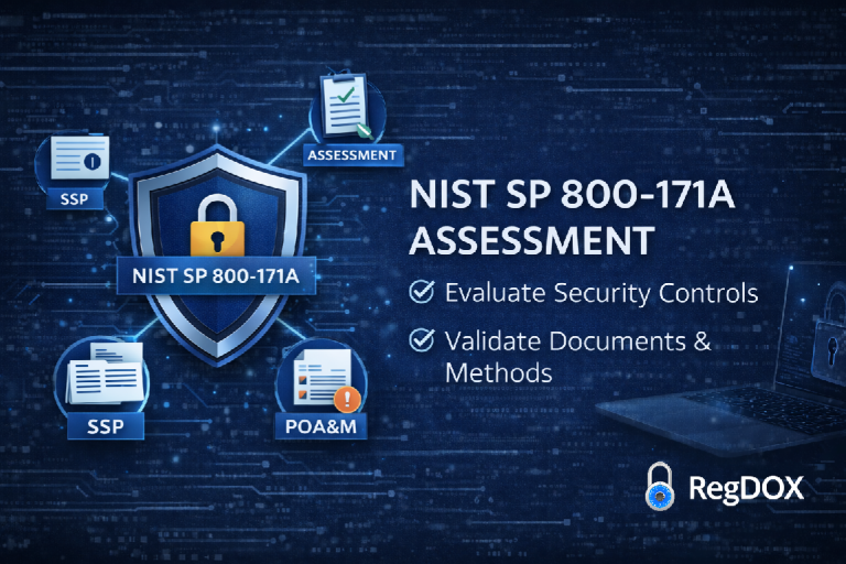 NIST SP 800-171A assessment graphic featuring a shield with a padlock, icons for SSP and POA&M documentation, and checklist elements representing evaluation of security controls and compliance validation in a secure digital environment.