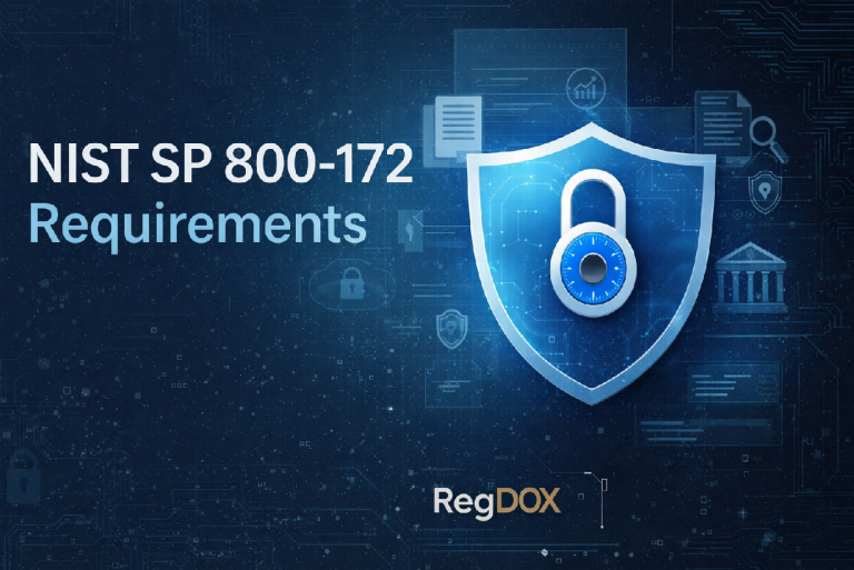 Digital graphic titled “NIST SP 800-172 Requirements” featuring a cybersecurity-themed background with a shield and padlock, representing enhanced security controls, alongside the RegDOX brand name.