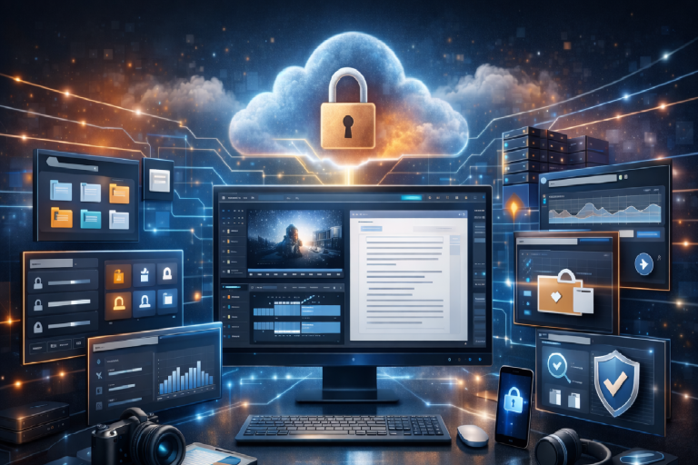 Illustration of Virtual Workspaces operating within a secure CUI boundary, showing connected applications, encrypted cloud storage, access controls, and monitoring dashboards.