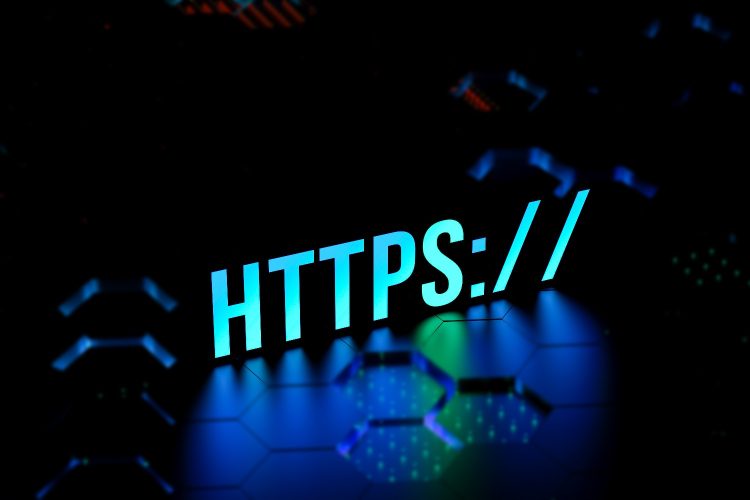 HTTPS - encryption for increased security. HTTPS neon concept with blurred background. Network security. The concept of security in the address of the search engine and web browser.3D render Secure Web Browser concept showing HTTPS security protocol within a protected digital environmen